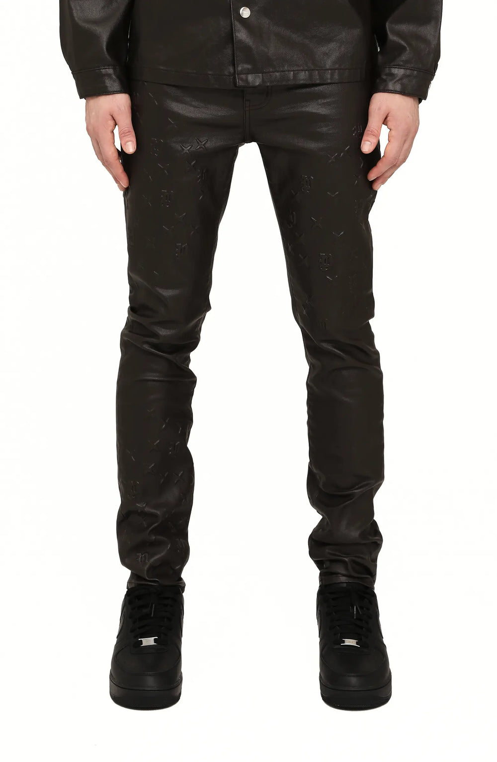 P001 Monogram Embossed Coated Skinny Jeans