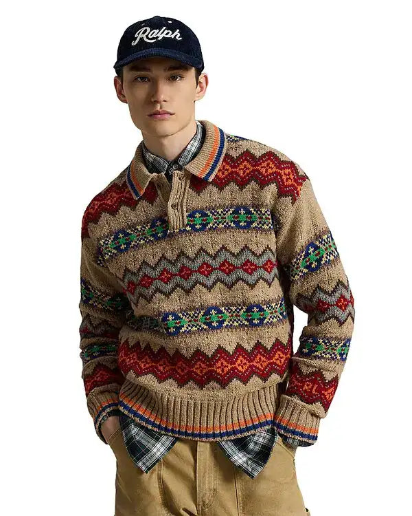 Original Label Long Sleeve Wool Blend Fair isle Polo Sweater W/Johnny Collar