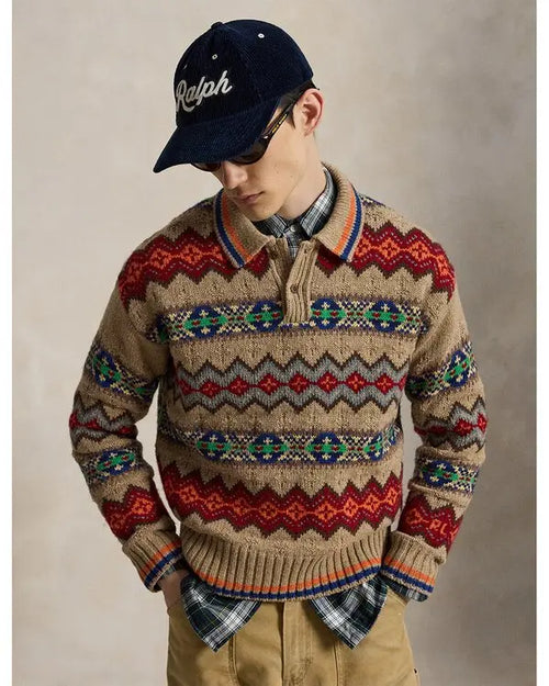 Original Label Long Sleeve Wool Blend Fair isle Polo Sweater W/Johnny Collar
