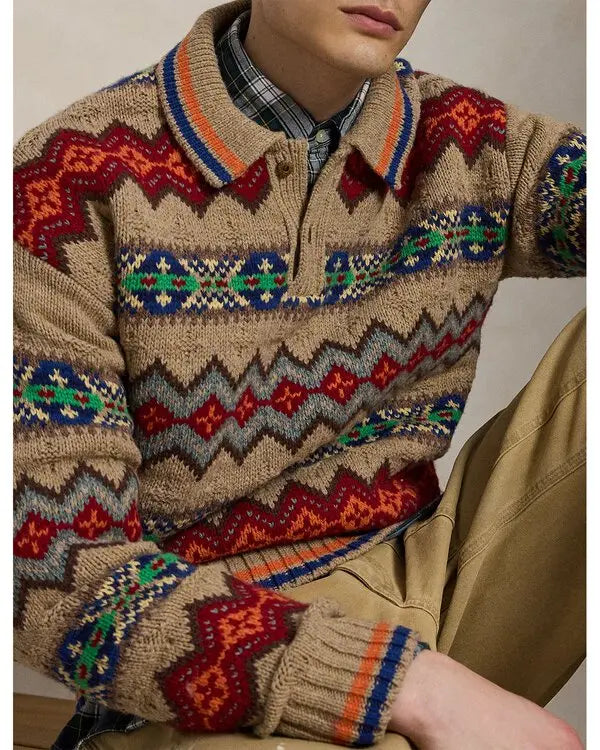 Original Label Long Sleeve Wool Blend Fair isle Polo Sweater W/Johnny Collar