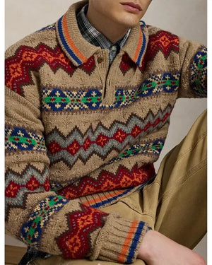 Original Label Long Sleeve Wool Blend Fair isle Polo Sweater W/Johnny Collar