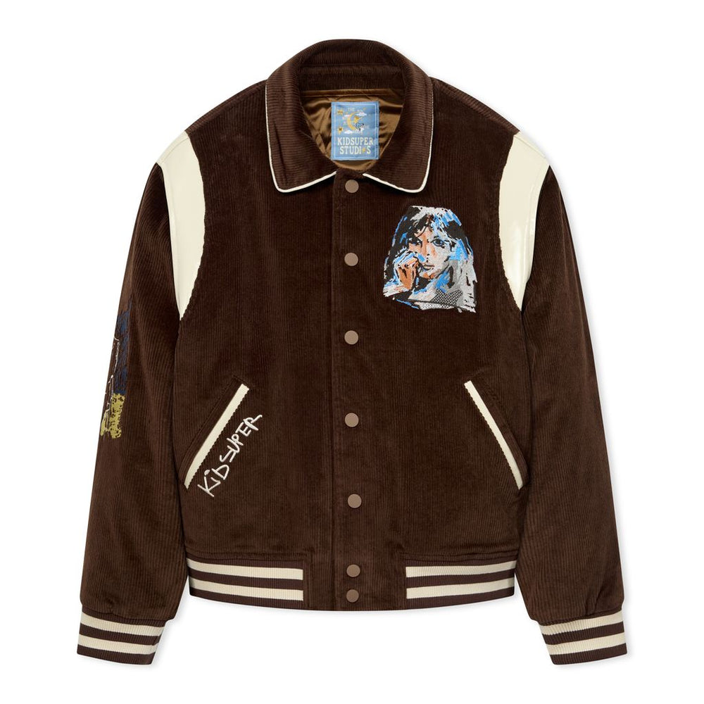 Washed Corduroy Embroidered Faces Jacket Brown
