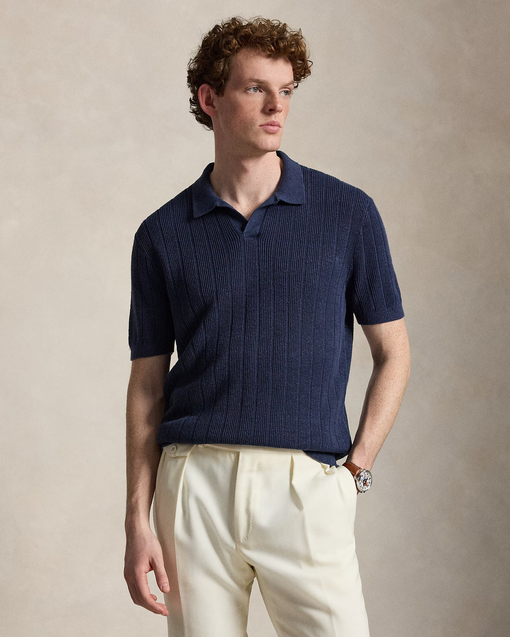 Linen Johnny-Collar Sweater Navy
